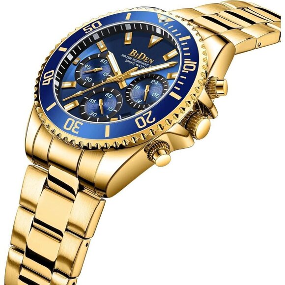 Men's Watches Chronograph Stainless Steel Blue Gold Wrist Watch Waterproof - Picture 3 of 9